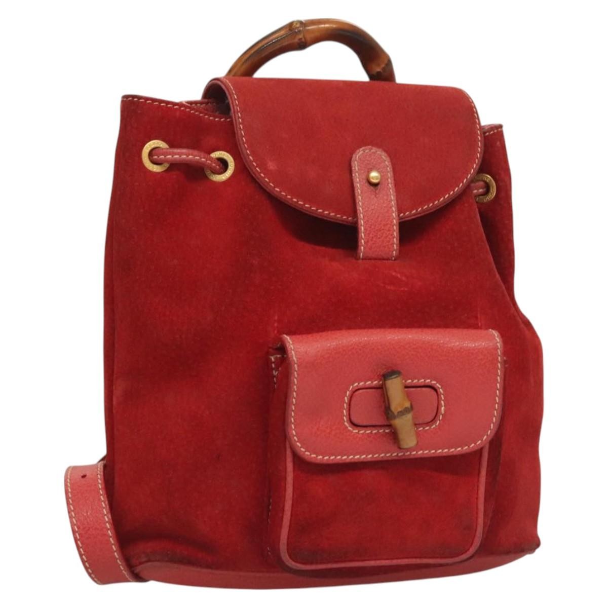 Gucci Vintage Bamboo Backpack Suede Red Suede Backpack Bag (Authentic  )