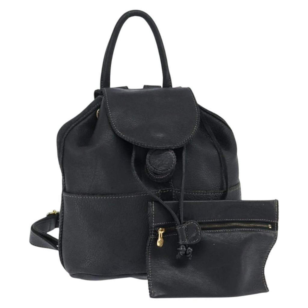 Fendi Logo Flap Drawstring Backpack Leather Black Leather Backpack Bag (Authentic  )