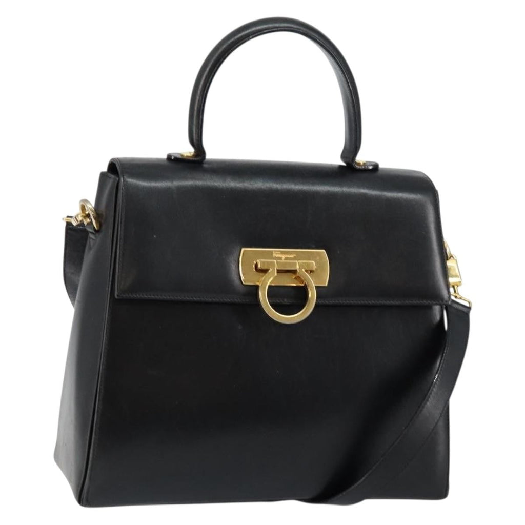 Salvatore Ferragamo Gancini Convertible Top Handle Bag Leather Black Leather Handbag (Authentic  )