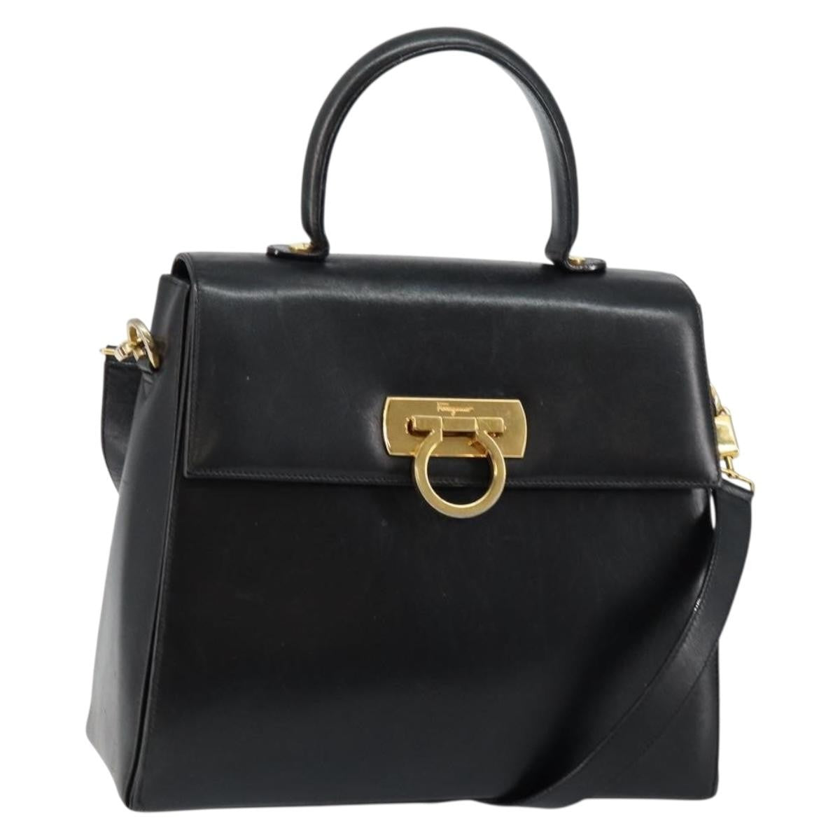 Salvatore Ferragamo Gancini Convertible Top Handle Bag Leather Black Leather Handbag (Authentic  )