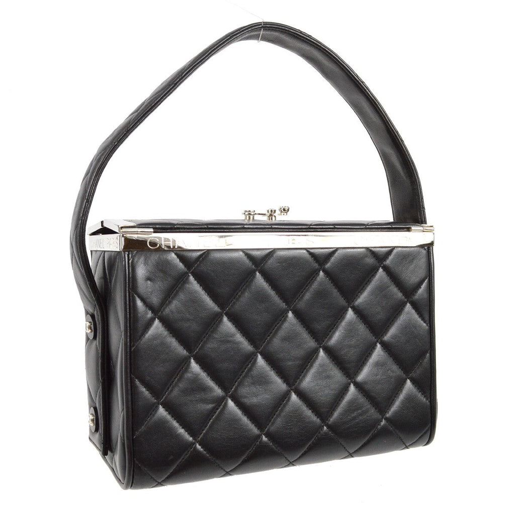 Chanel Vintage Metal Box Bag Quilted Lambskin Black Leather Handbag (Authentic  )