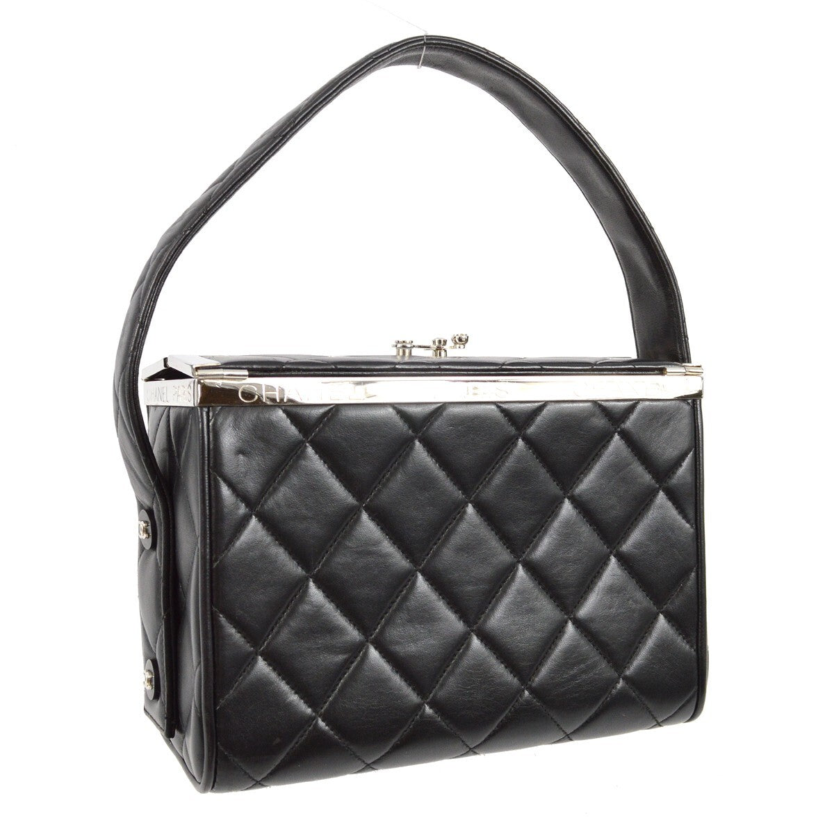 Chanel Vintage Metal Box Bag Quilted Lambskin Black Leather Handbag (Authentic  )