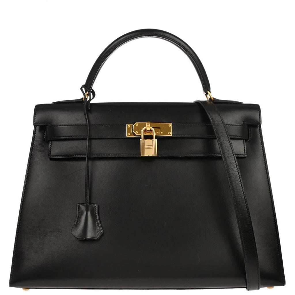 Hermes Kelly Handbag Black Box Calf With Gold Hardware Black Calfskin Handbag (Authentic  )