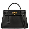 Hermes Kelly Handbag Black Box Calf With Gold Hardware Black Calfskin Handbag (Authentic  )