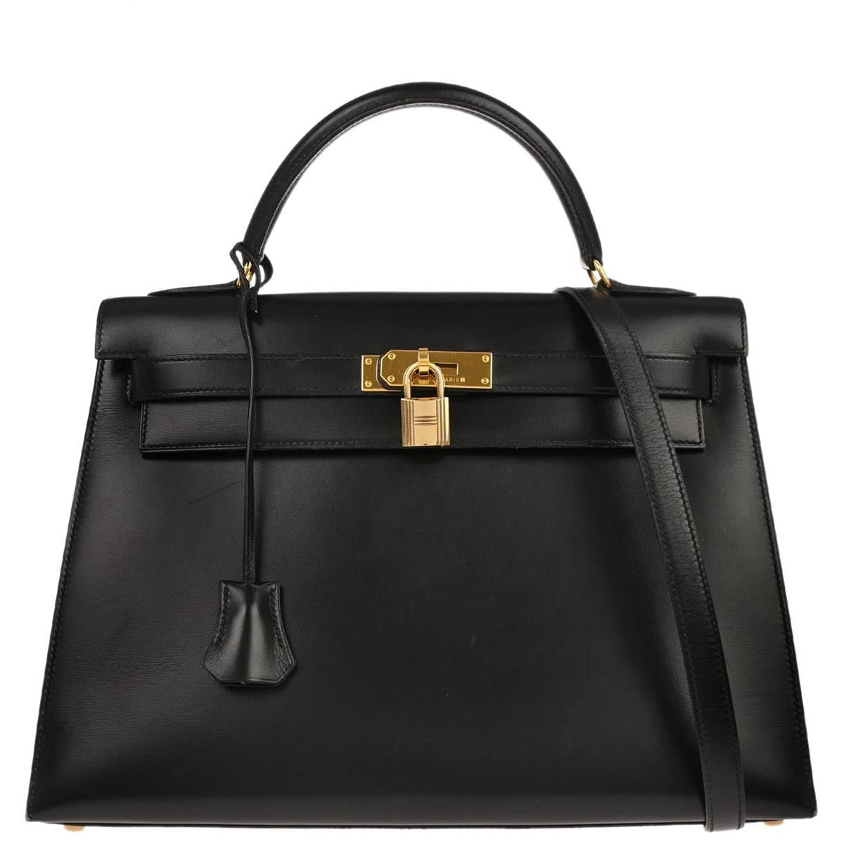 Hermes Kelly Handbag Black Box Calf With Gold Hardware Black Calfskin Handbag (Authentic  )