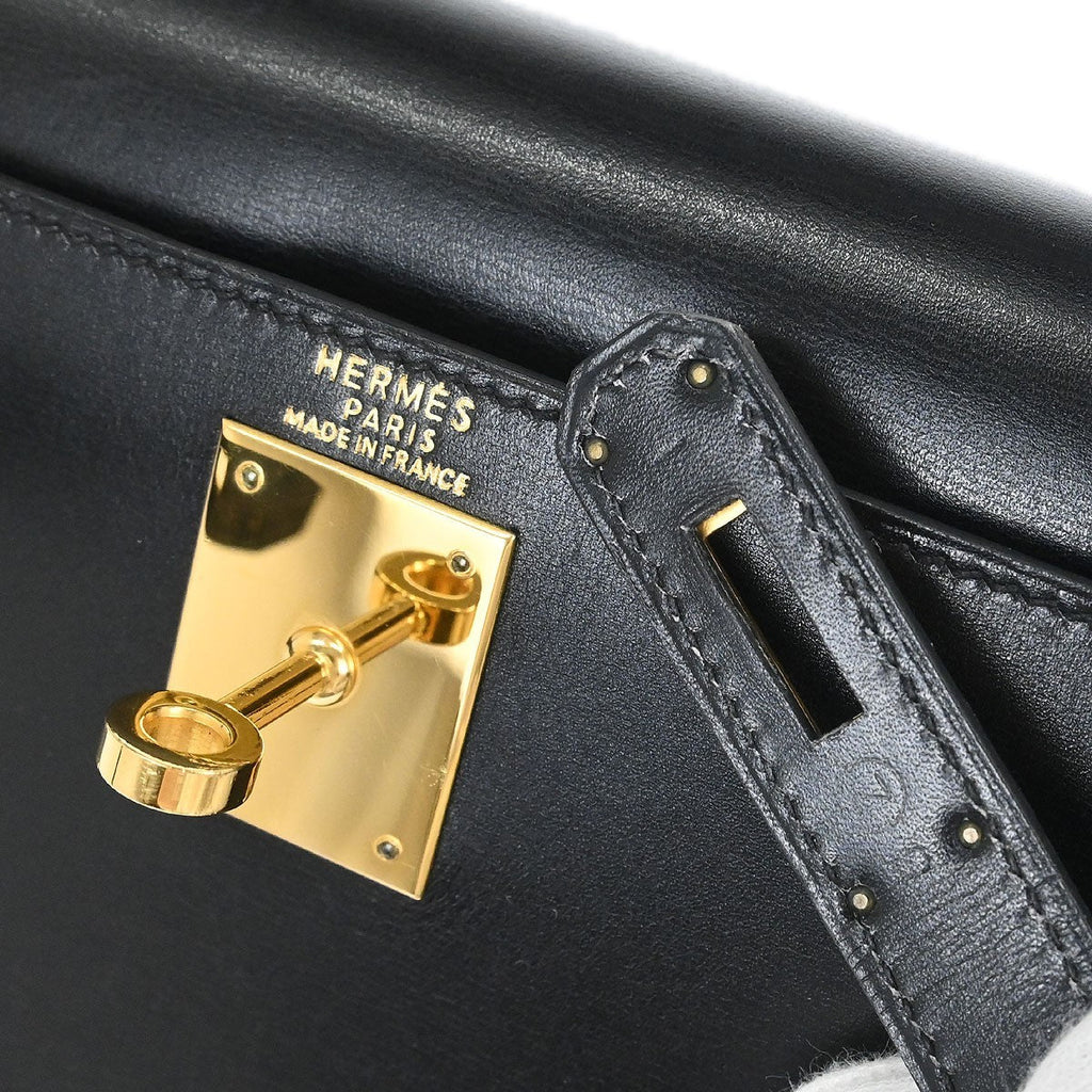 Hermes Kelly Handbag Black Box Calf With Gold Hardware Black Leather Handbag ( )