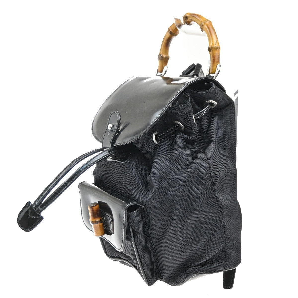 Gucci Vintage Bamboo Backpack Nylon And Patent Leather Black Nylon Backpack Bag (Authentic  )