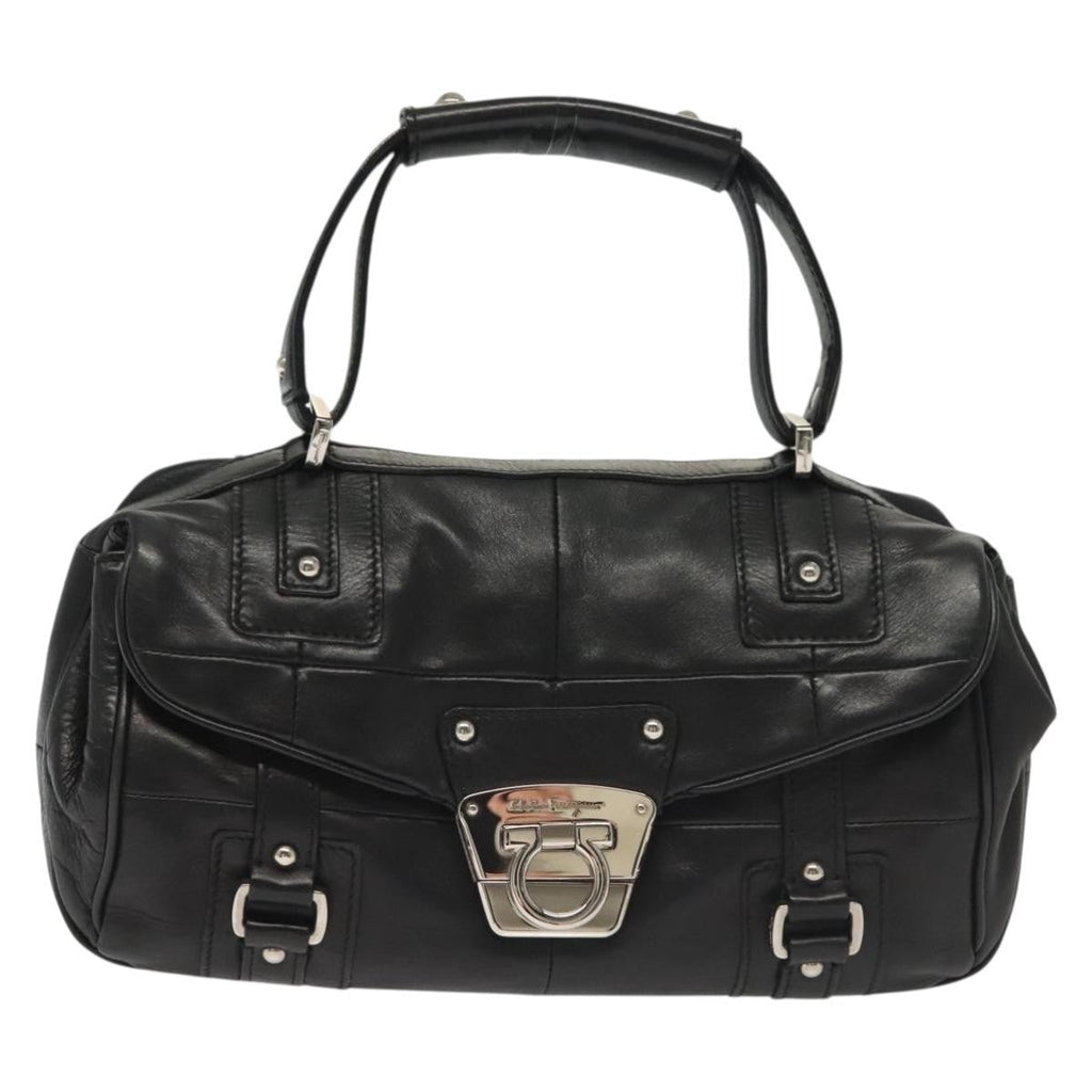 Salvatore Ferragamo Gancini Handbag Leather Black Leather Handbag (Authentic  )