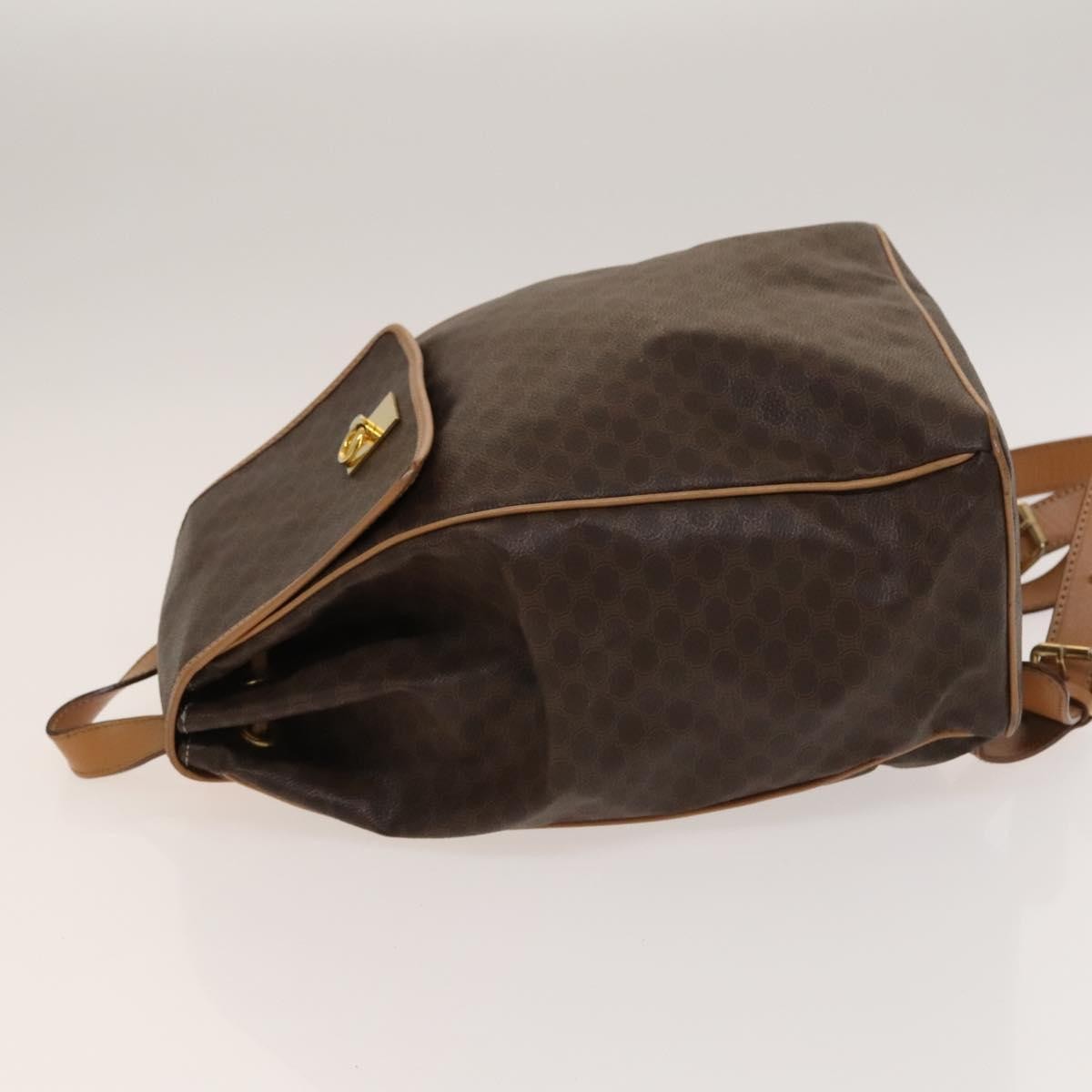 Celine Vintage Drawstring Flap Backpack Macadam Coated Canvas Brown Canvas Backpack Bag (Authentic  )