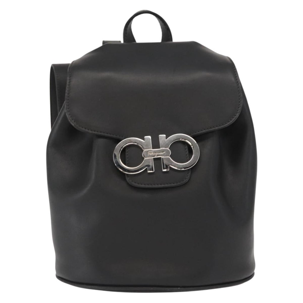Salvatore Ferragamo Gancini Flap Drawstring Backpack Leather Black Leather Backpack Bag (Authentic  )