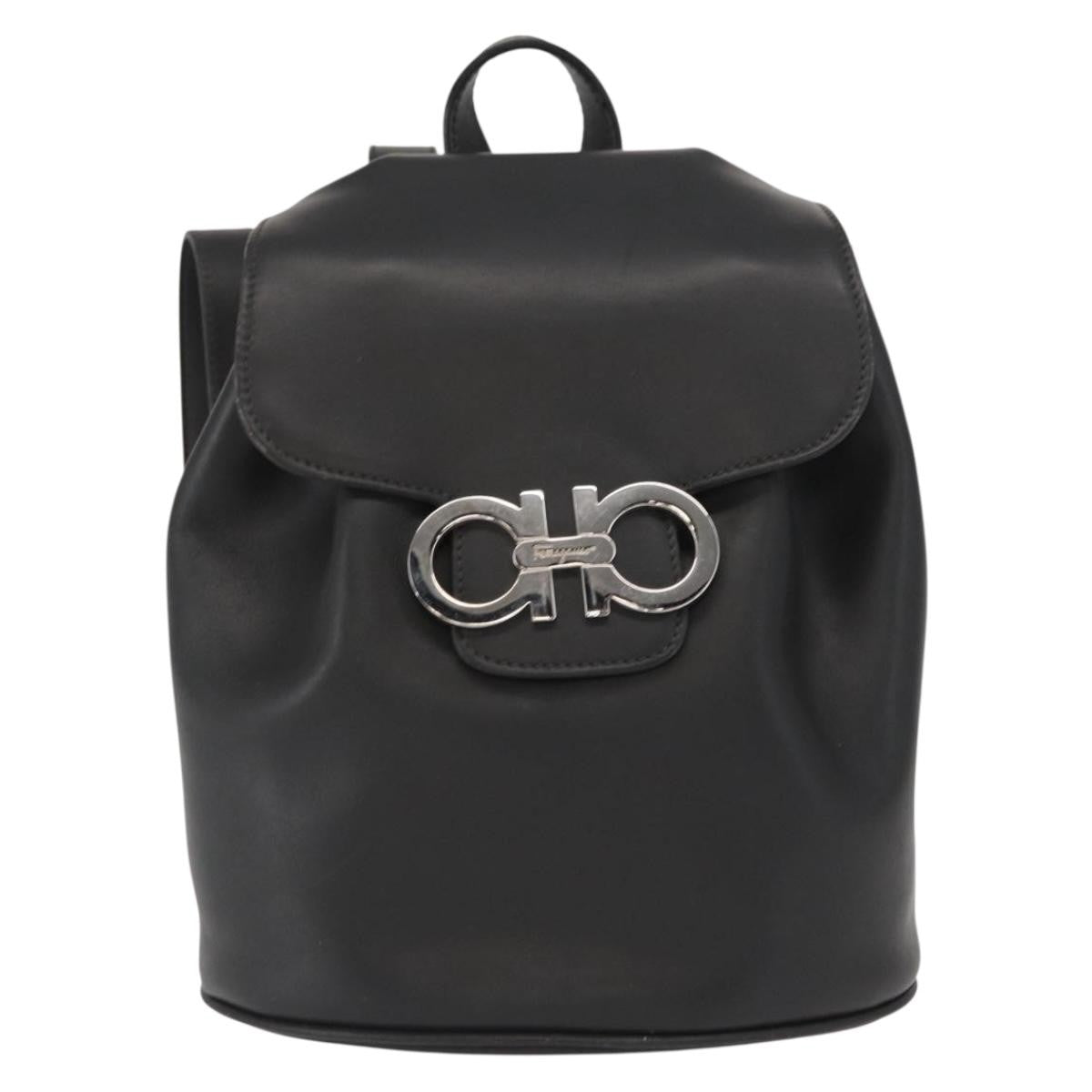 Salvatore Ferragamo Gancini Flap Drawstring Backpack Leather Black Leather Backpack Bag (Authentic  )