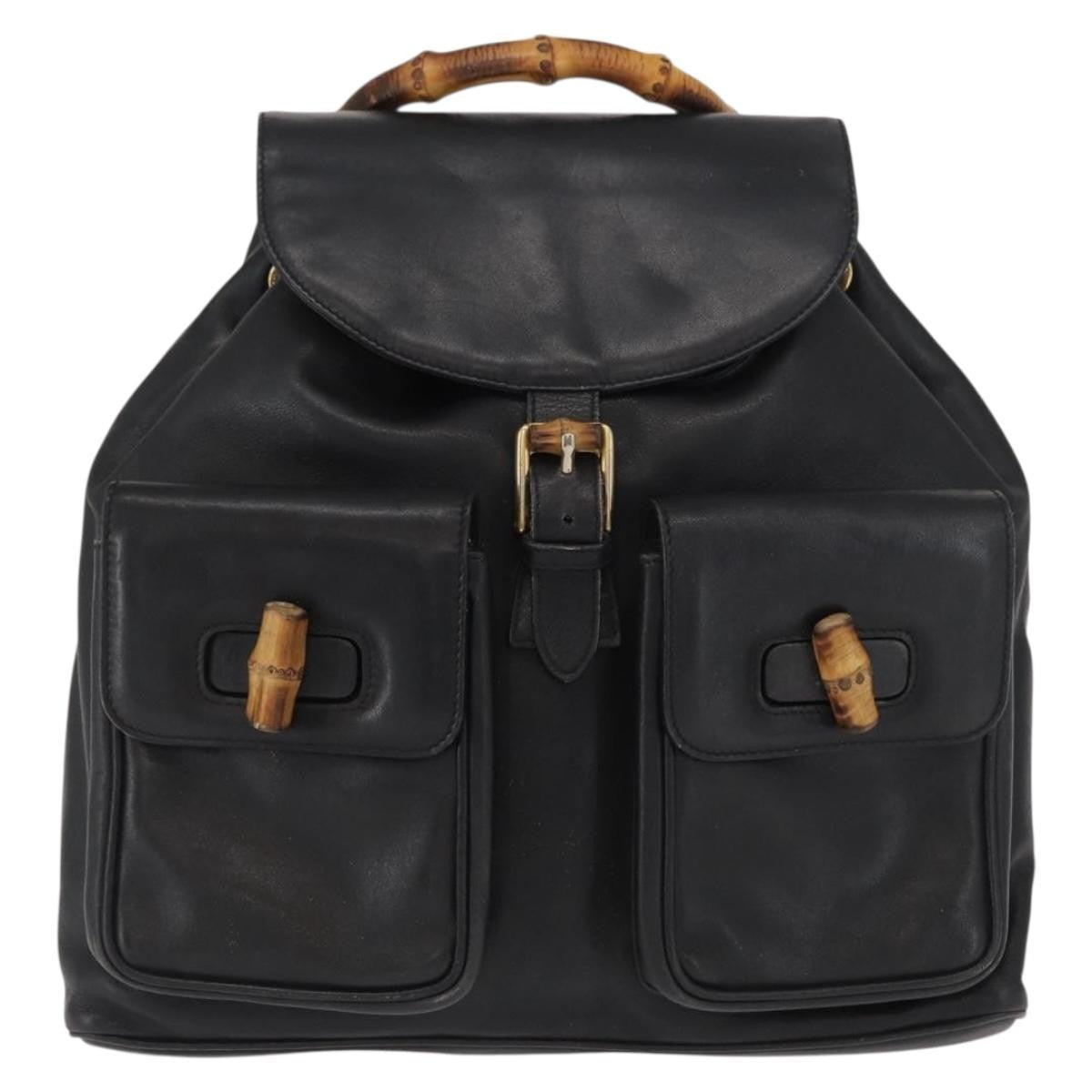 Gucci Vintage Bamboo Backpack Leather Black Leather Backpack Bag (Authentic  )