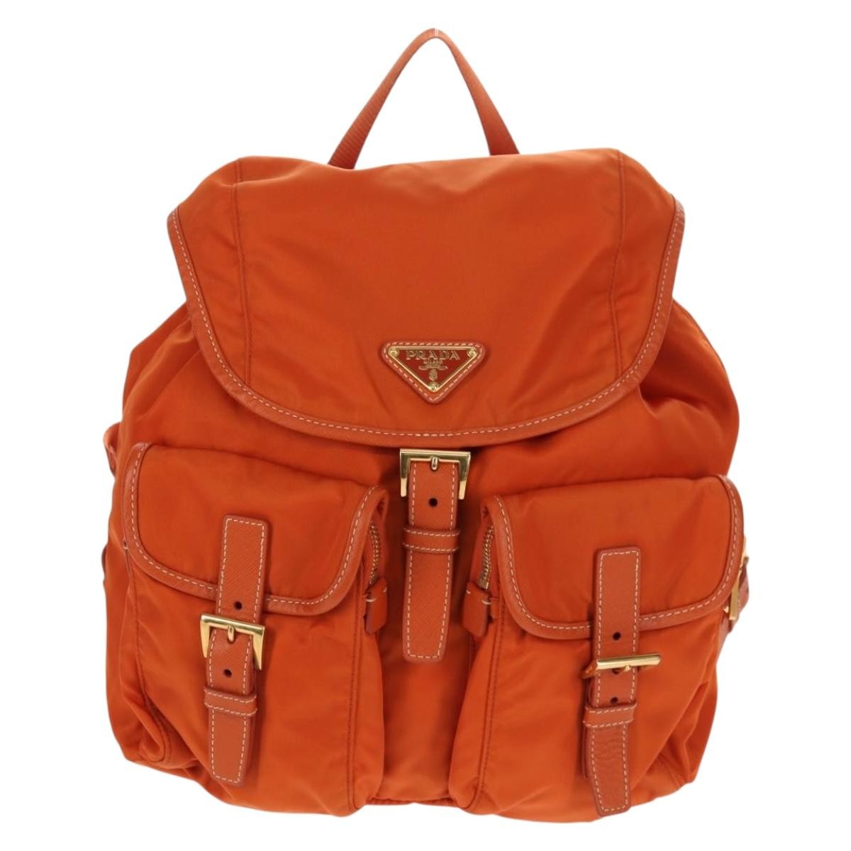 Prada Vela Double Front Pocket Backpack Tessuto With Saffiano Leather Orange Nylon Backpack Bag (Authentic  )