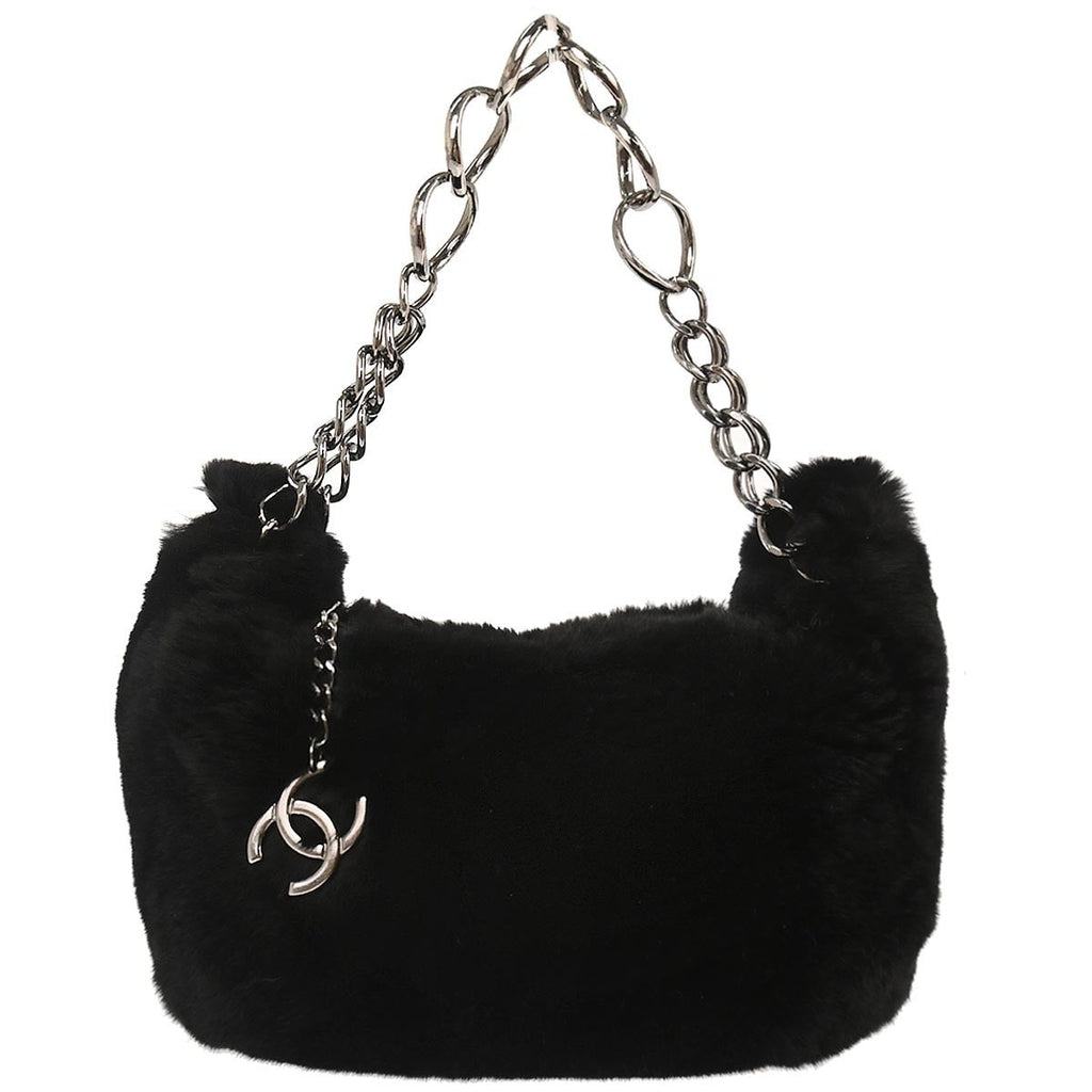 Chanel Chain Hobo Lapin Fur Black Fur Handbag (Authentic  )