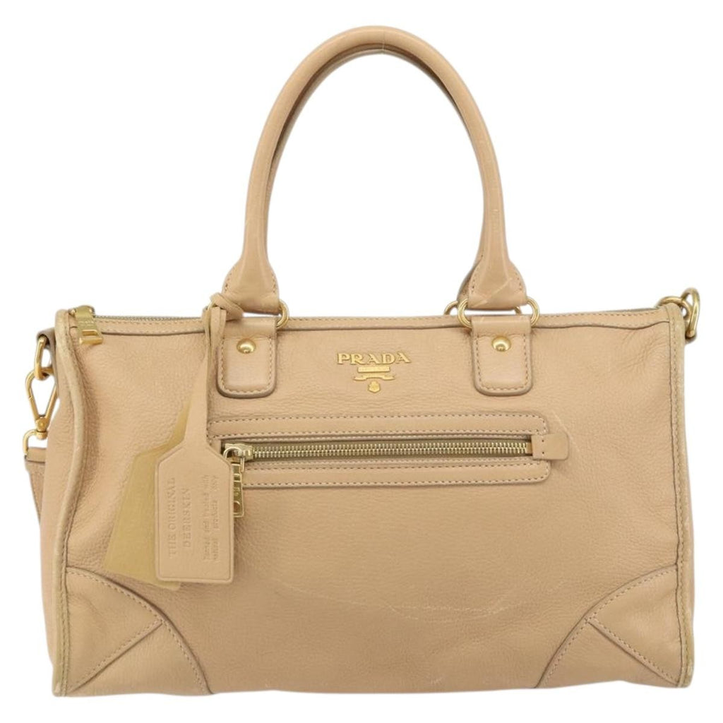 Prada Front Zip Convertible Satchel Cervo Leather Beige Leather Handbag (Authentic  )