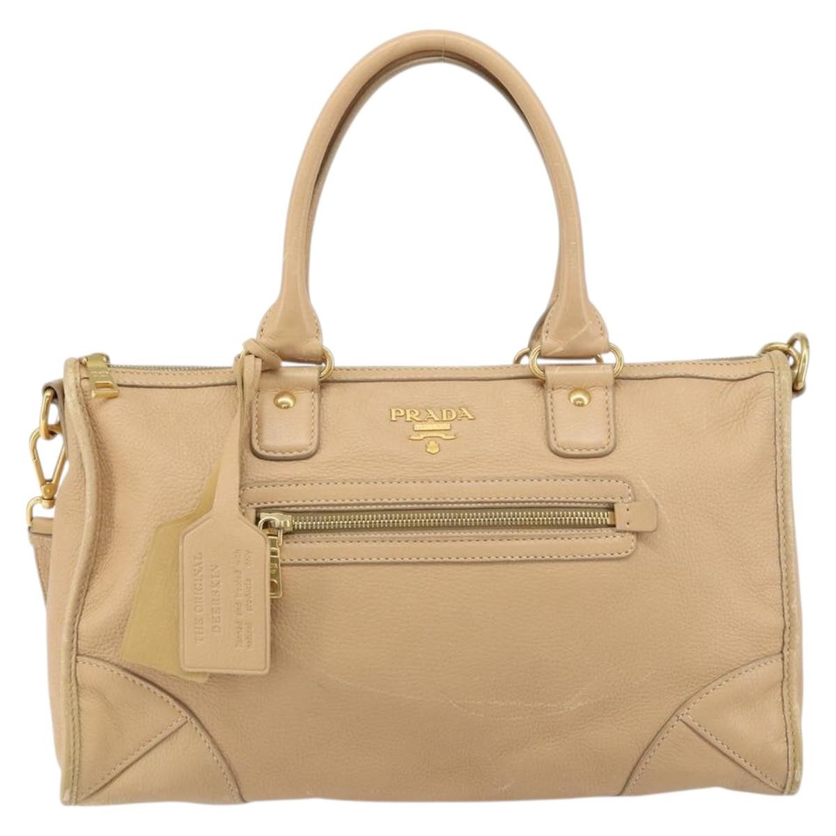 Prada Front Zip Convertible Satchel Cervo Leather Beige Leather Handbag (Authentic  )