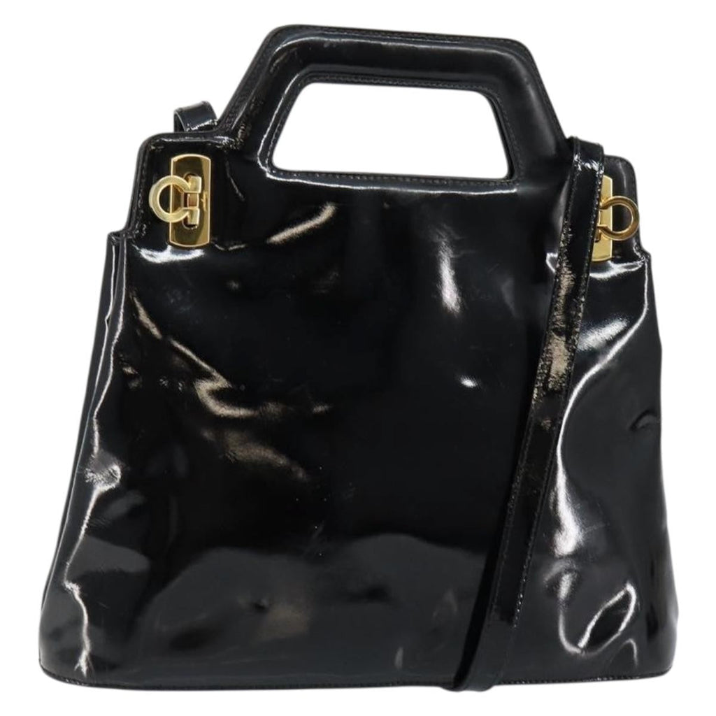 Salvatore Ferragamo Wanda Handbag Patent Leather Black Patent_Leather Handbag (Authentic  )