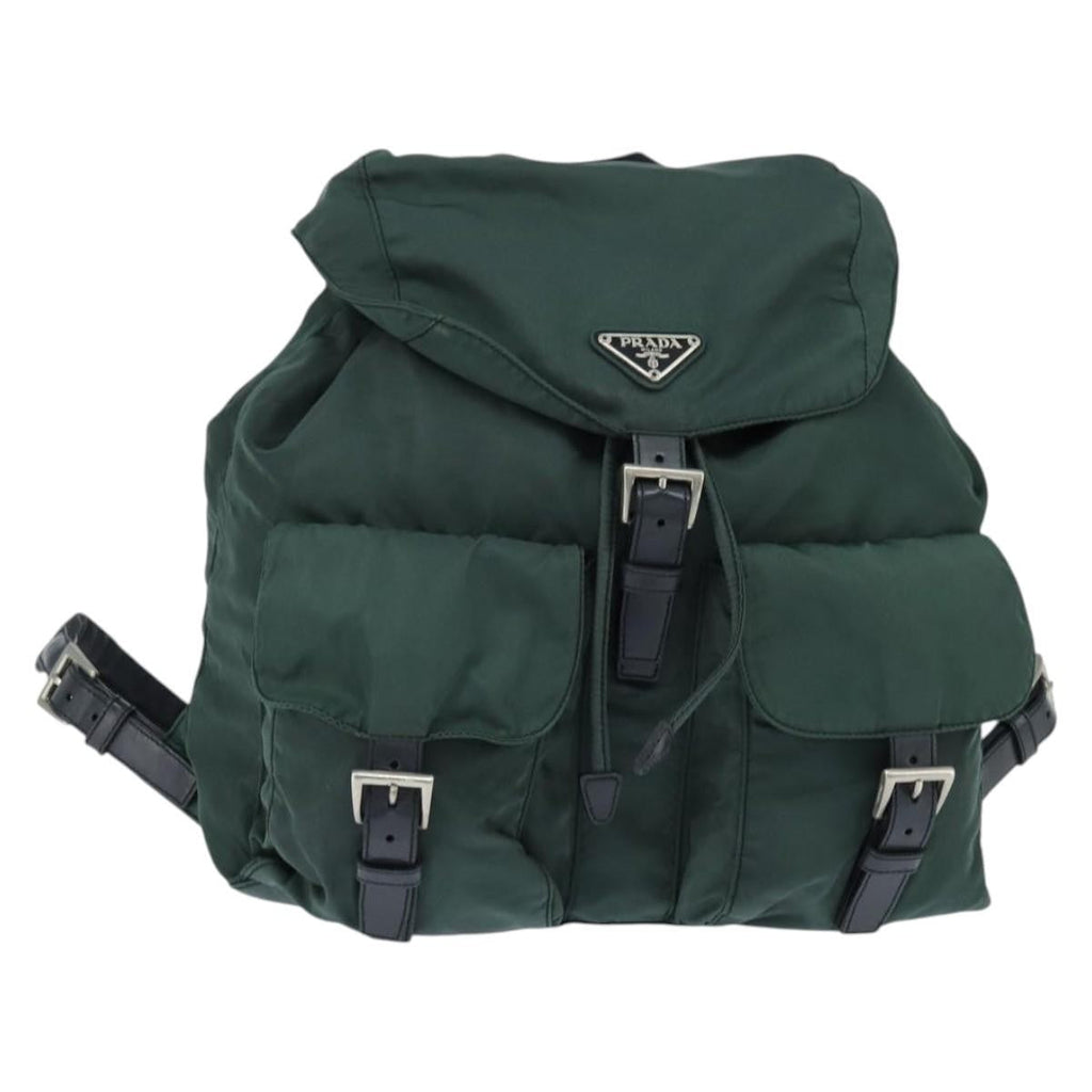 Prada Vela Double Front Pocket Backpack Tessuto With Saffiano Leather Khaki Nylon Backpack Bag (Authentic  )