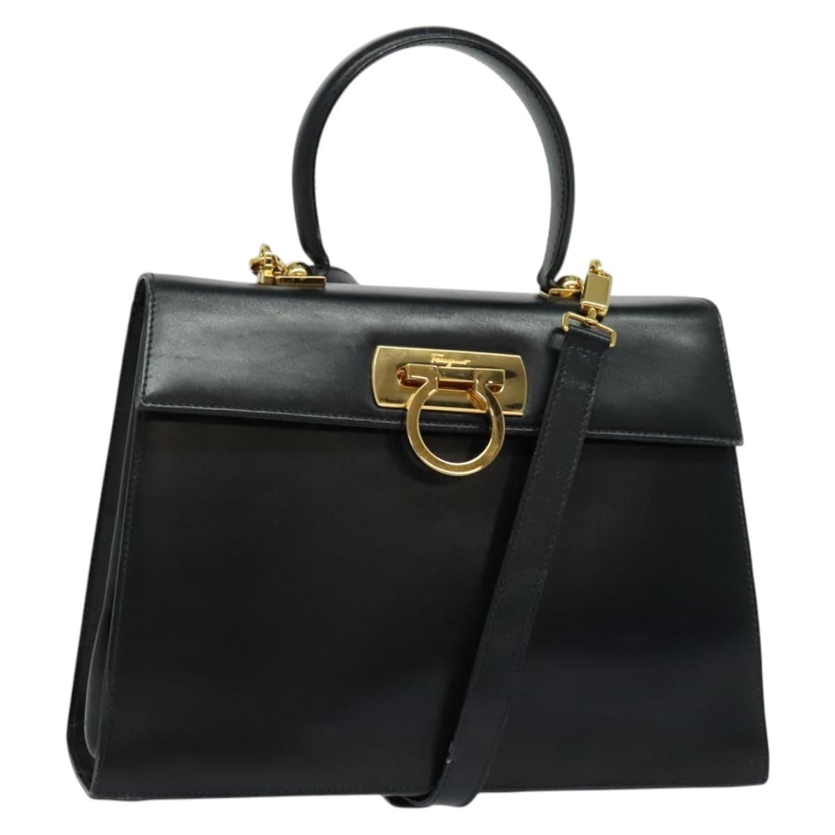Salvatore Ferragamo Gancini Convertible Top Handle Bag Leather Black Leather Handbag (Authentic  )