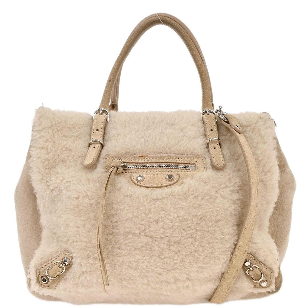 Balenciaga Papier B4 Zip Around Classic Studs Bag Shearling Beige Fur Handbag (Authentic  )