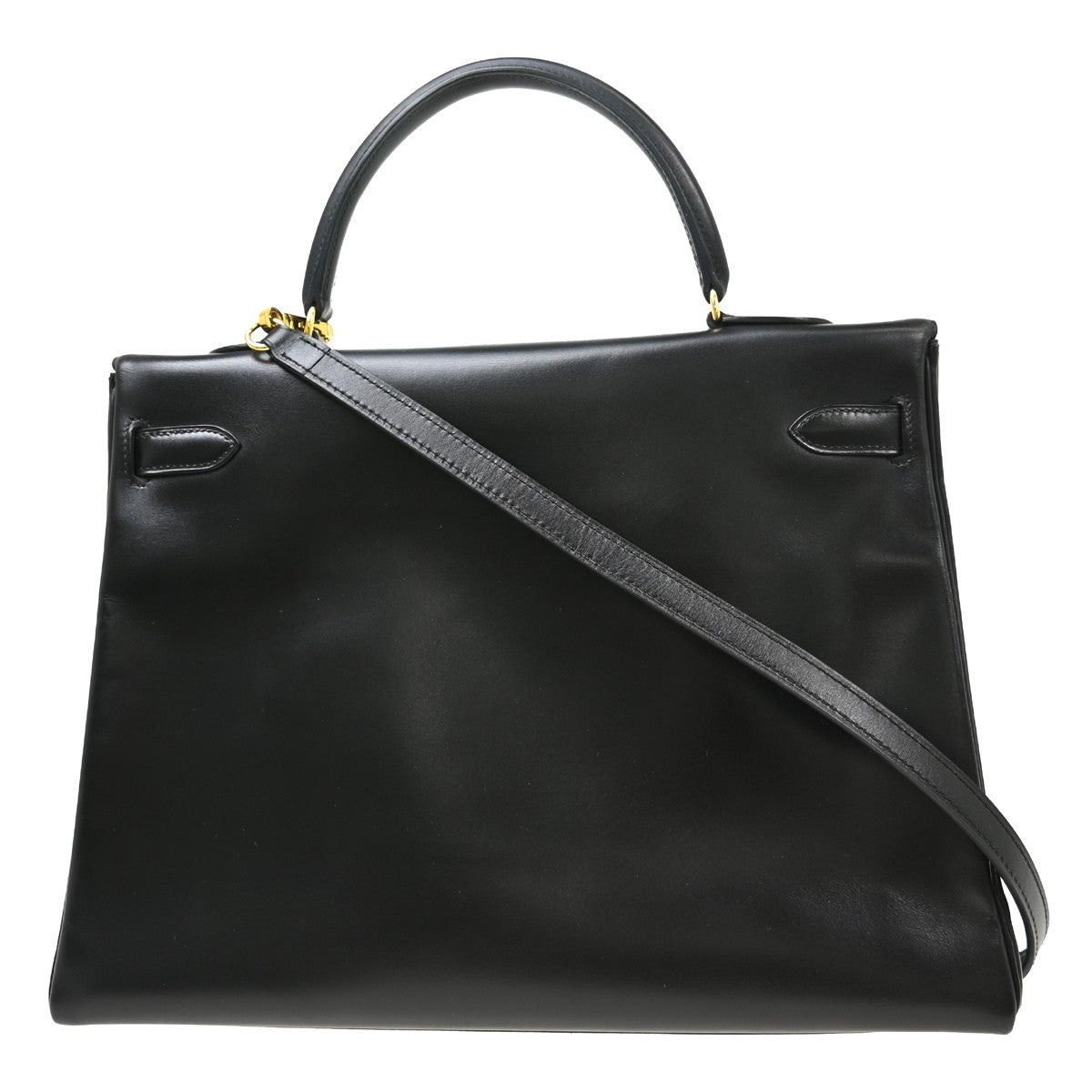 Hermes Kelly Handbag Black Box Calf With Gold Hardware Black Leather Handbag ( )