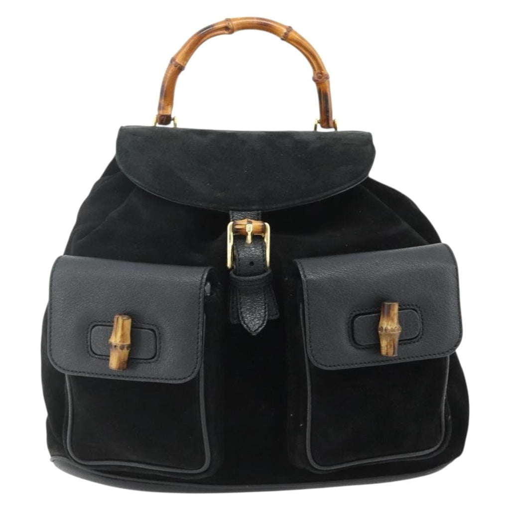 Gucci Vintage Bamboo Backpack Suede Black Suede Backpack Bag ( )