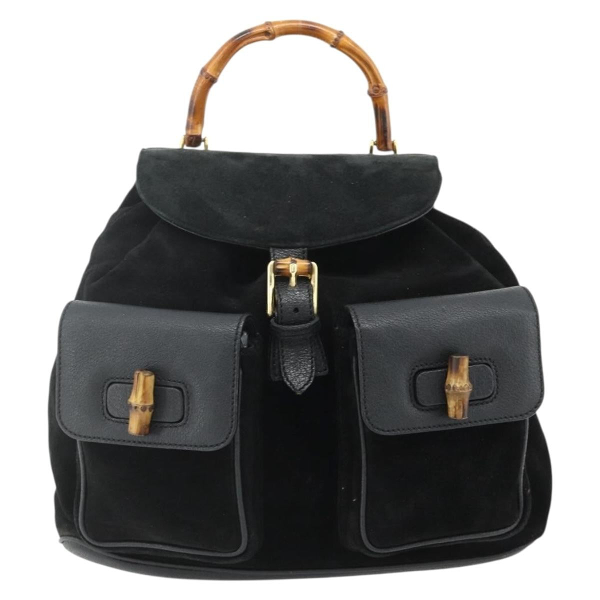 Gucci Vintage Bamboo Backpack Suede Black Suede Backpack Bag ( )