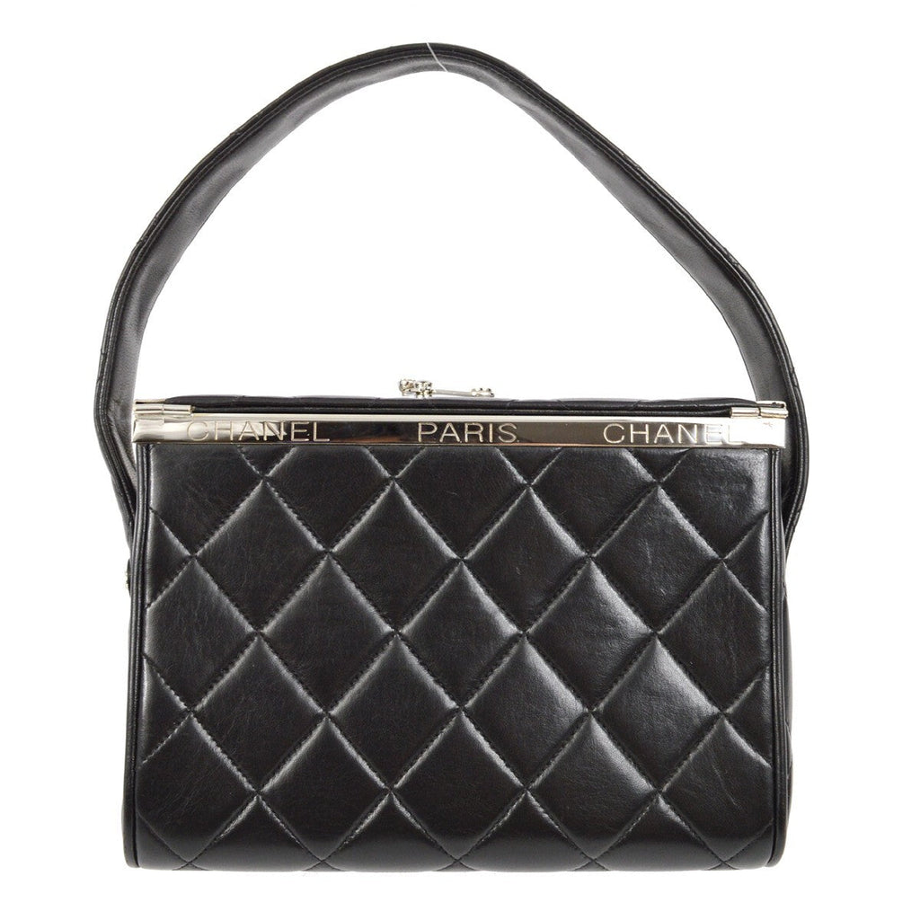 Chanel Vintage Metal Box Bag Quilted Lambskin Black Leather Handbag (Authentic  )