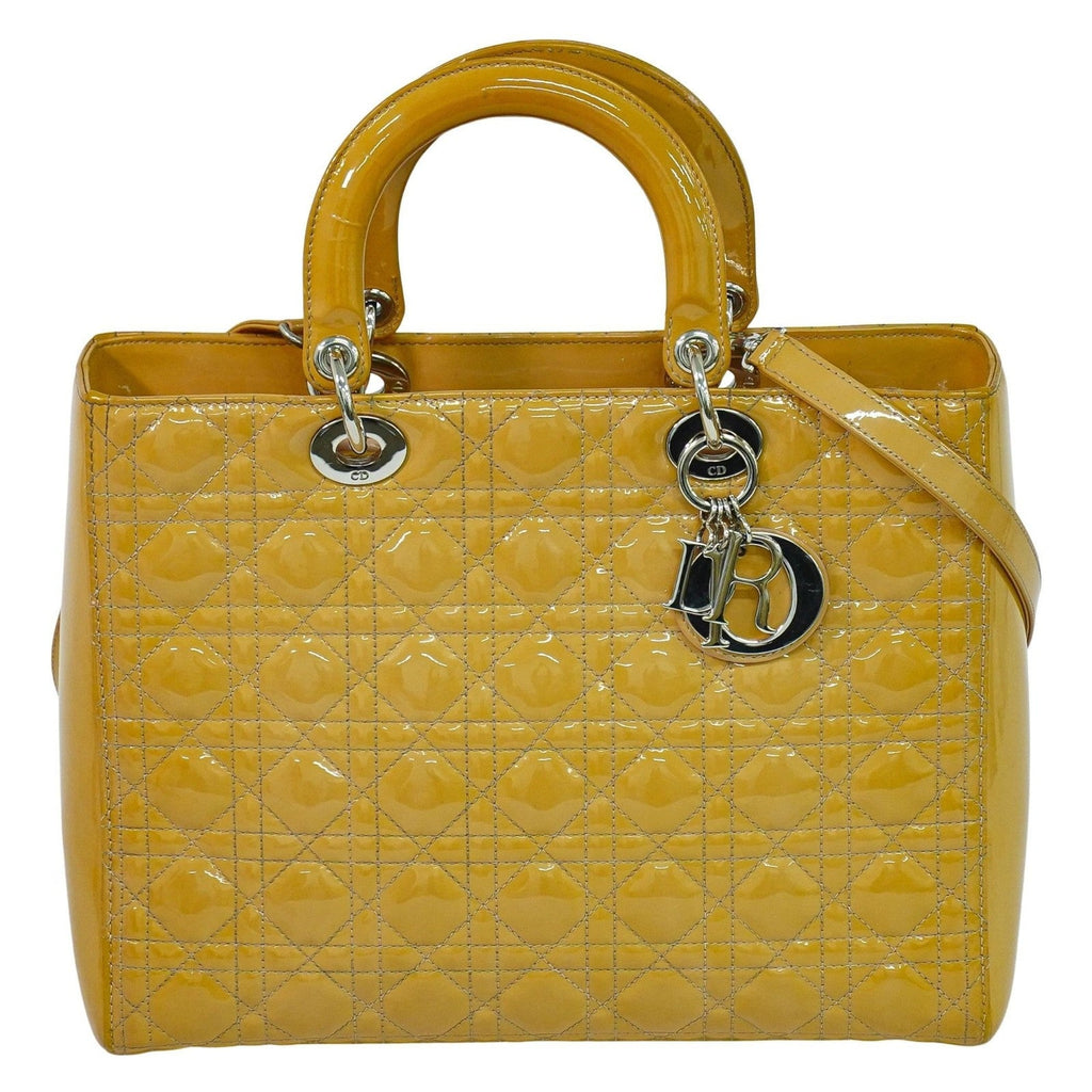 Christian Dior Vintage Lady Dior Bag Cannage Quilt Patent Beige Patent_Leather Handbag (Authentic  )