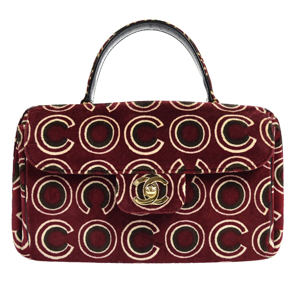 Chanel Cc Top Handle Bag Coco Print Velvet Burgundy Velvet Handbag (Authentic  )