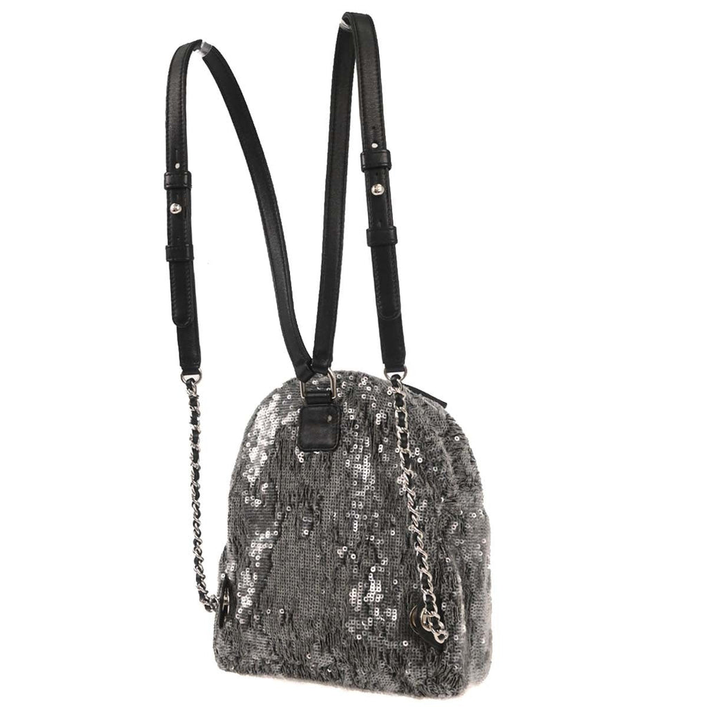 Chanel Waterfall Backpack Sequins With Leather Black Leather Backpack Bag (Authentic  )
