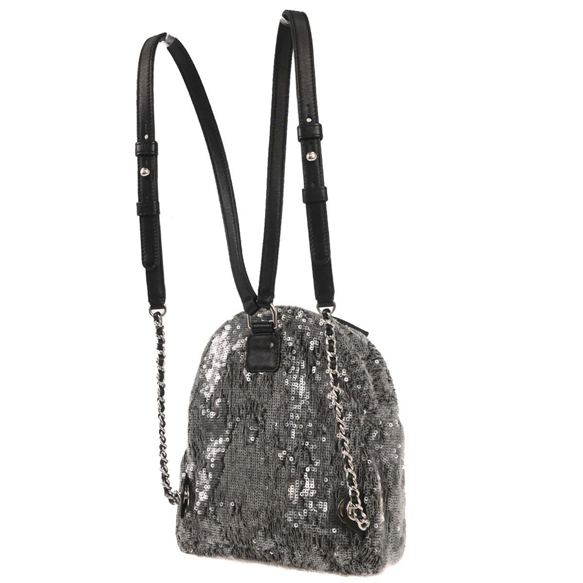 Chanel Waterfall Backpack Sequins With Leather Black Leather Backpack Bag (Authentic  )