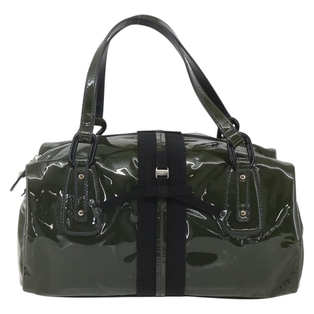 Salvatore Ferragamo Vintage Handbag Patent Leather Khaki Patent_Leather Handbag (Authentic  )