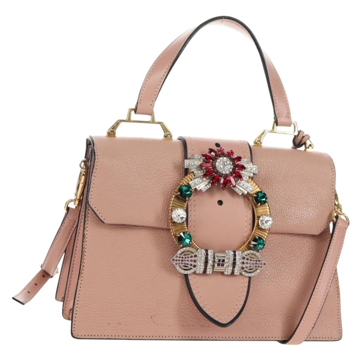 Miu Miu Madras Crystal Buckle Shoulder Bag Leather Pink Leather Handbag (Authentic  )