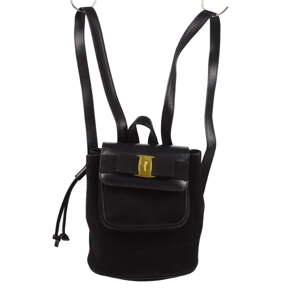 Salvatore Ferragamo Vara Flap Drawstring Backpack Leather And Suede Black Suede Backpack Bag (Authentic  )