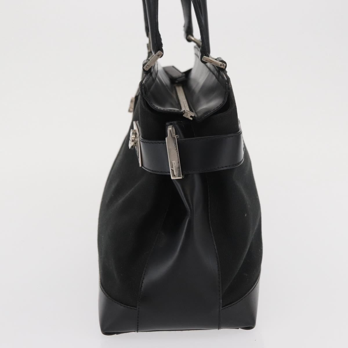 Salvatore Ferragamo Double Gancini Side Buckle Tote Canvas Black Canvas Handbag (Authentic  )