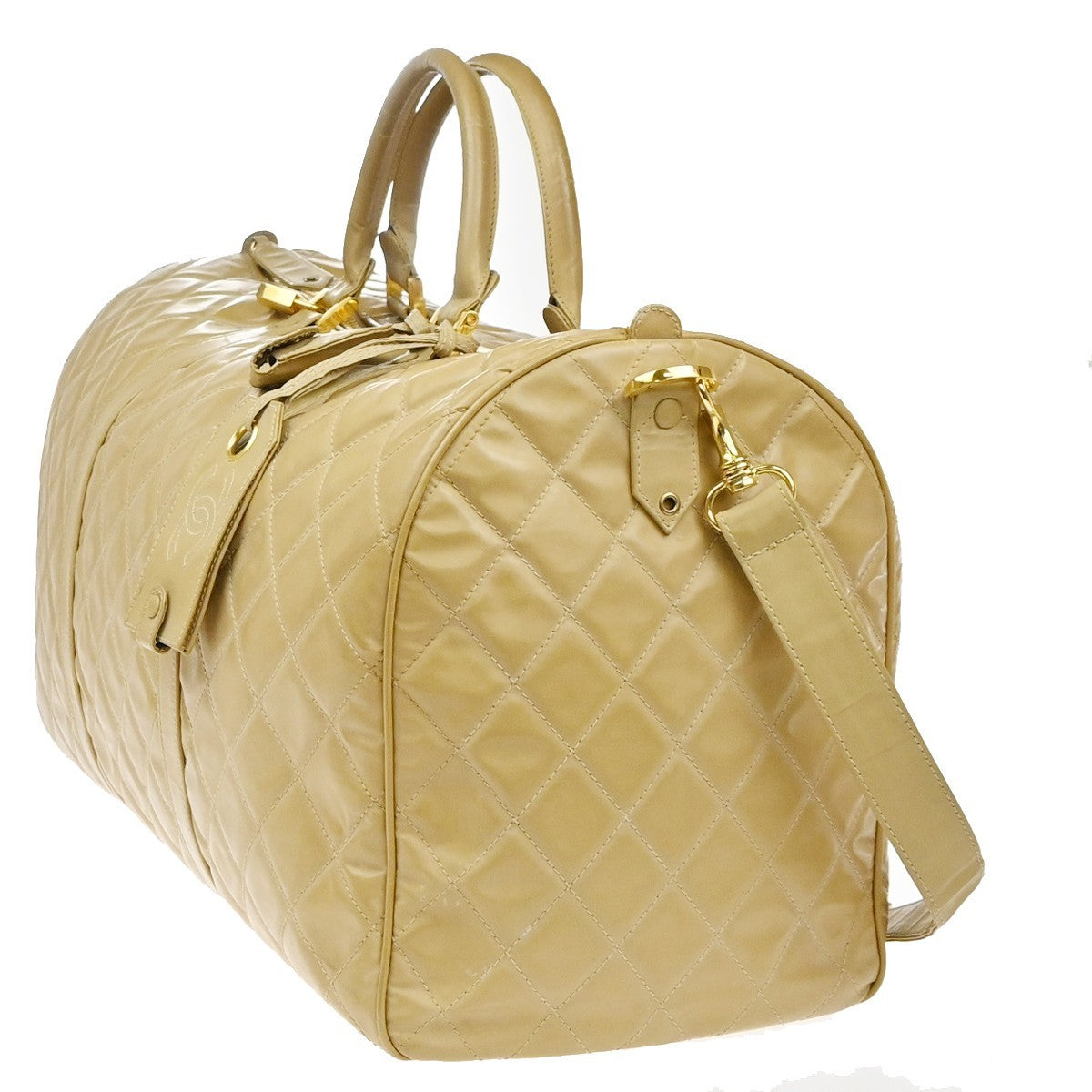 Chanel Vintage Bowler Bag Lambskin Beige Patent_Leather Handbag ( )