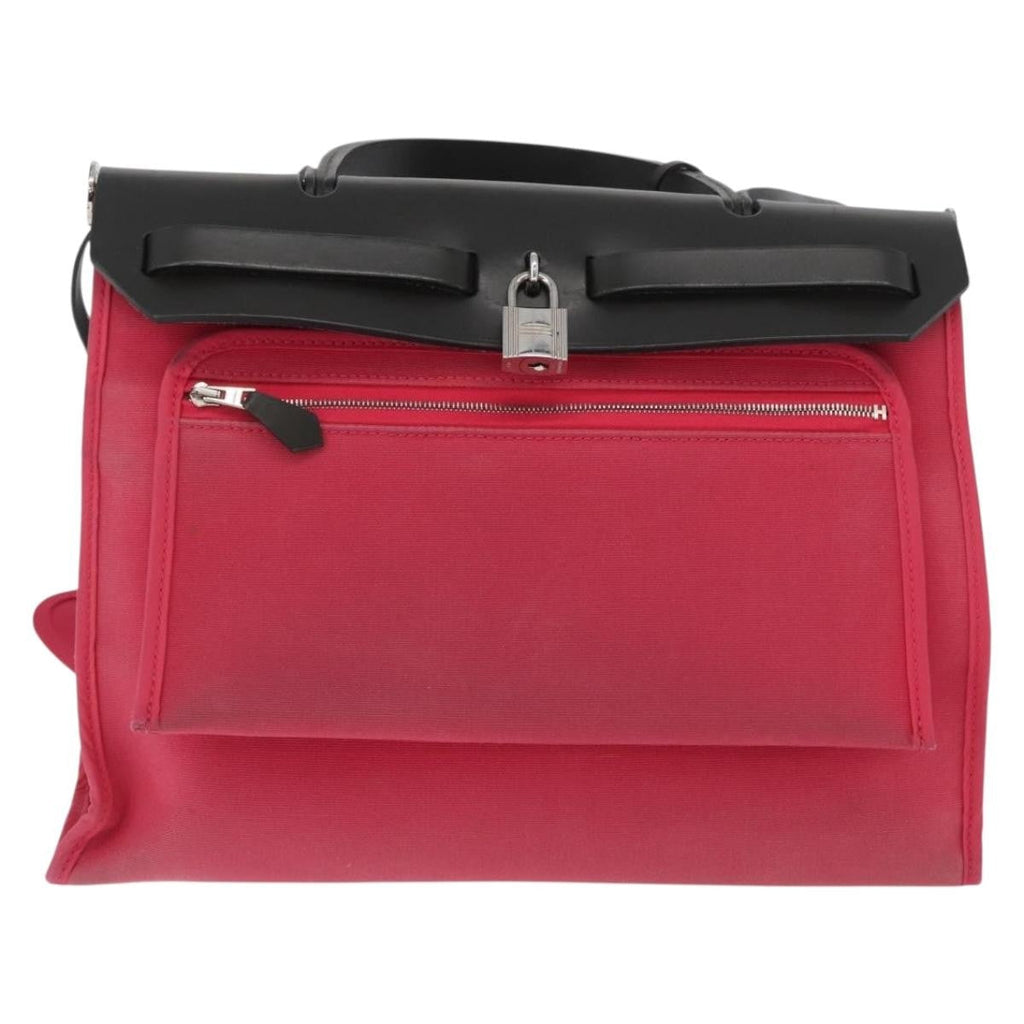 Hermes Herbag Zip Leather And Toile Pink Canvas Handbag (Authentic  )