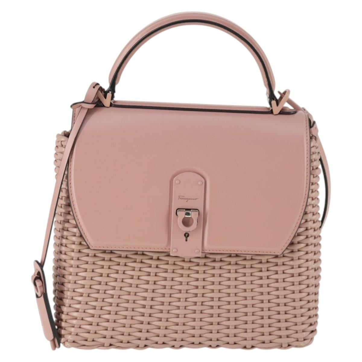 Salvatore Ferragamo Boxyz Top Handle Bag Woven Leather Pink Leather Handbag (Authentic  )
