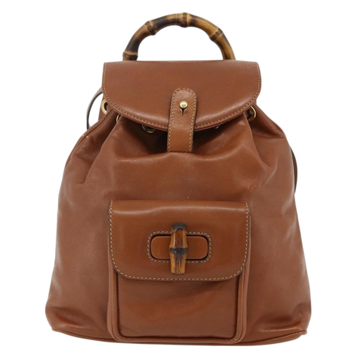 Gucci Vintage Bamboo Backpack Leather Brown Leather Backpack Bag (Authentic  )