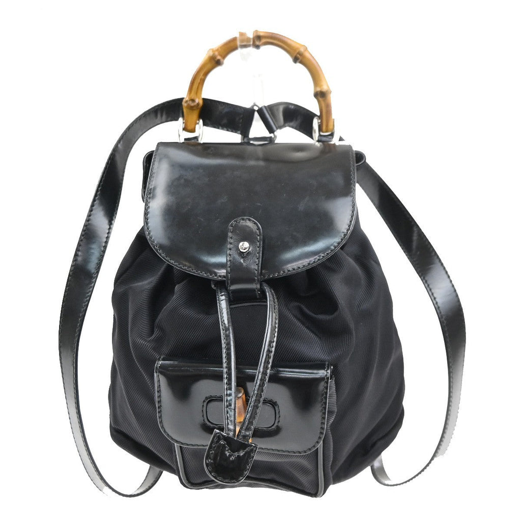 Gucci Vintage Bamboo Backpack Nylon And Patent Leather Black Nylon Backpack Bag (Authentic  )