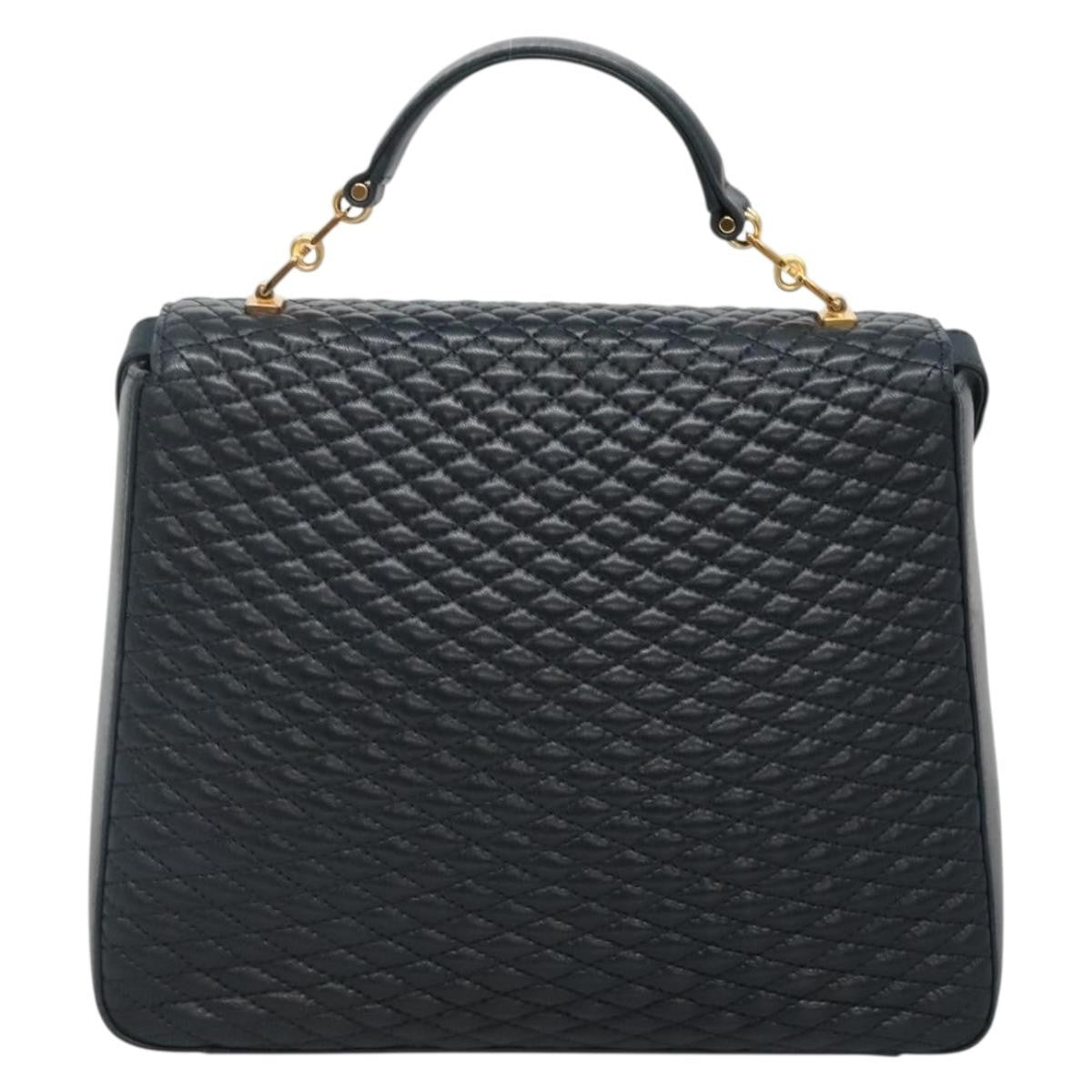 Bally Vintage Handbag Quilted Leather Navy Leather Handbag (Authentic  )