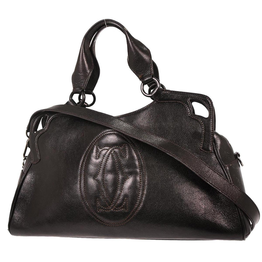 Cartier Marcello Handbag Leather Black Leather Handbag (Authentic  )