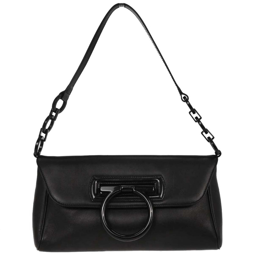 Salvatore Ferragamo Gancini Handbag Leather Black Leather Handbag (Authentic  )