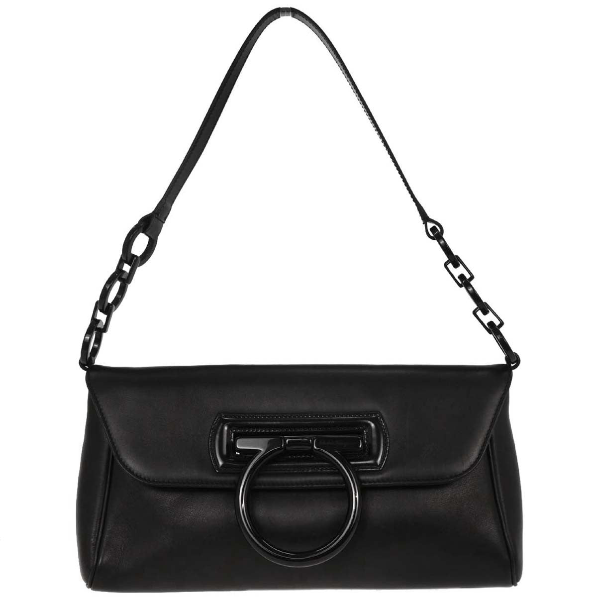 Salvatore Ferragamo Gancini Handbag Leather Black Leather Handbag (Authentic  )