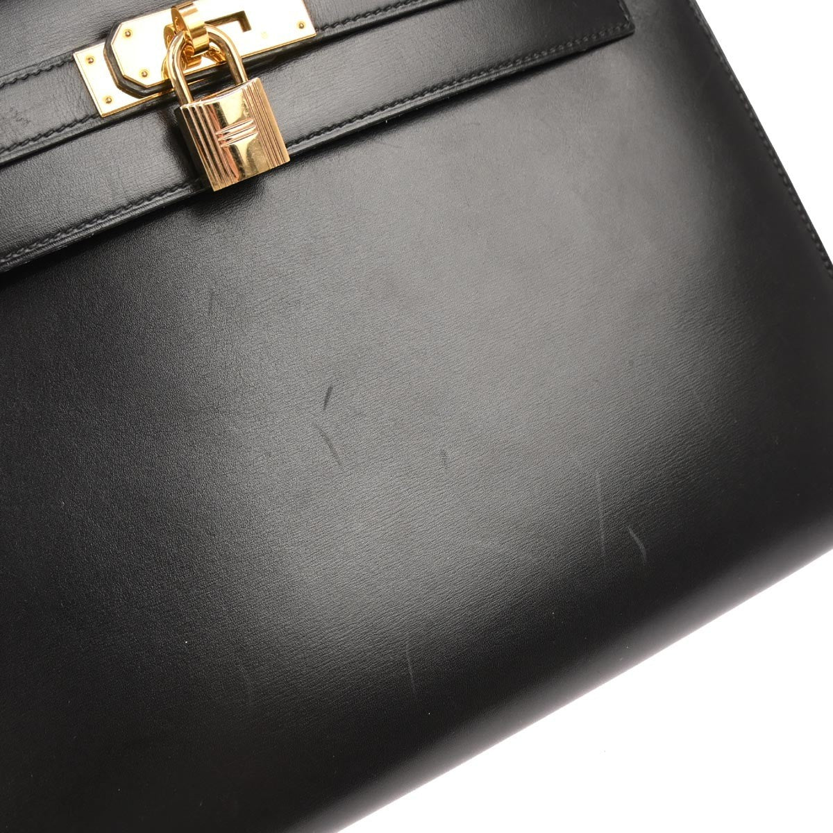 Hermes Kelly Handbag Black Box Calf With Gold Hardware Black Calfskin Handbag (Authentic  )