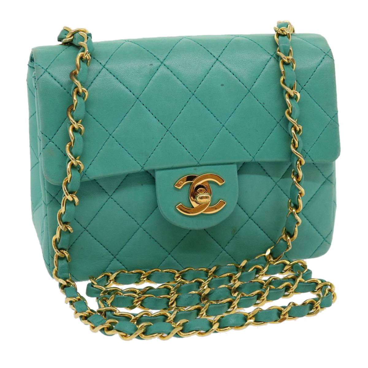 Chanel Square Classic Single Flap Bag Quilted Lambskin Blue Leather Handbag (Authentic  )