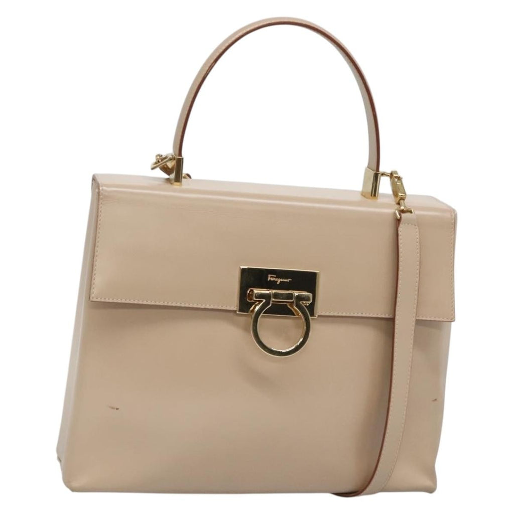 Salvatore Ferragamo Gancini Convertible Top Handle Bag Leather Beige Leather Handbag (Authentic  )