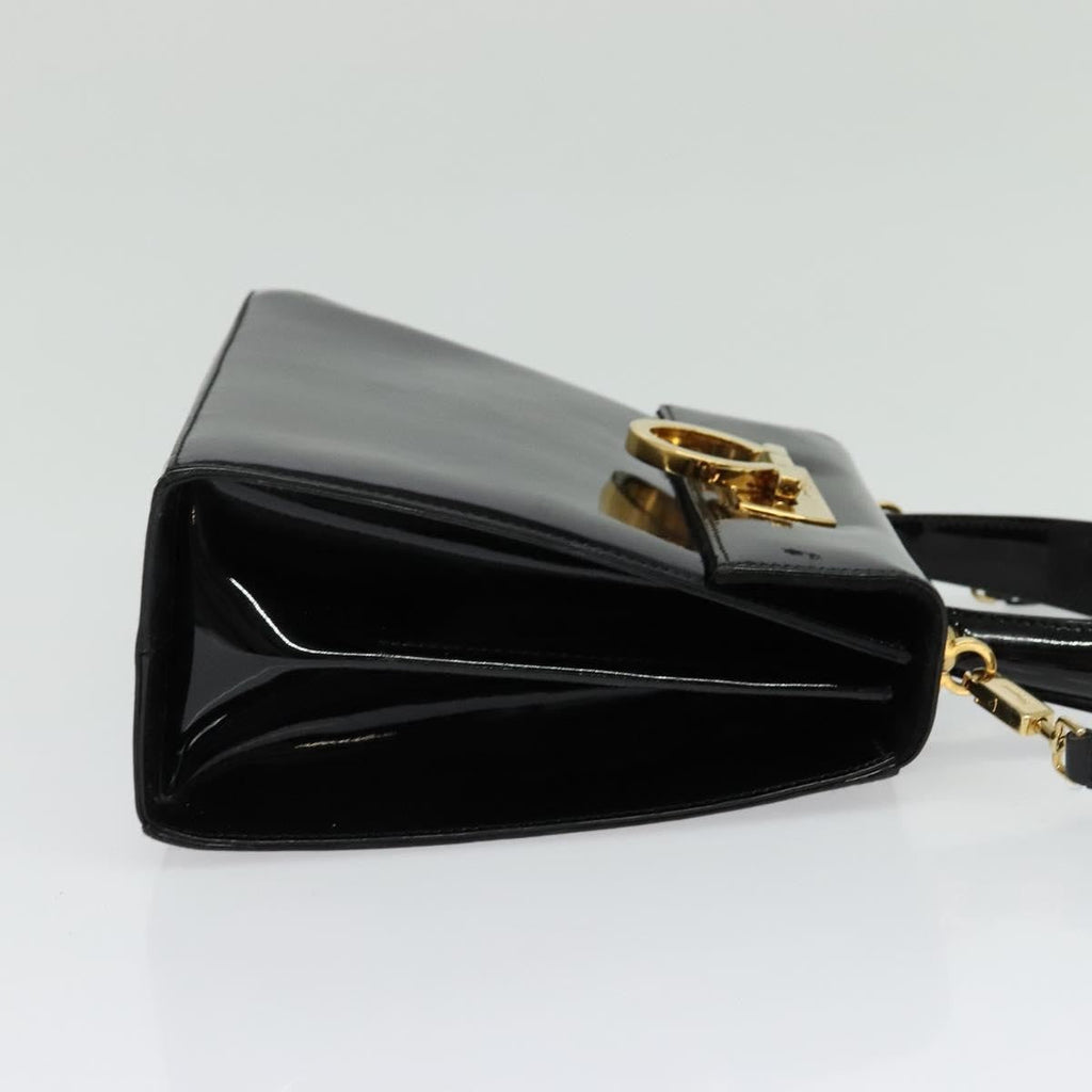 Salvatore Ferragamo Gancini Convertible Top Handle Bag Patent Leather Black Patent_Leather Handbag (Authentic  )
