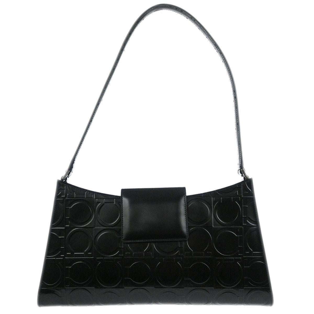 Salvatore Ferragamo Gancini Handbag Leather Black Leather Handbag (Authentic  )